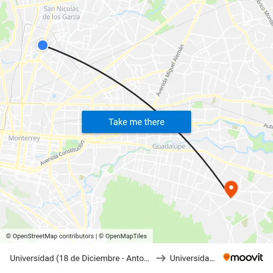 Universidad (18 de Diciembre - Antonio Machado) to Universidad Edec map