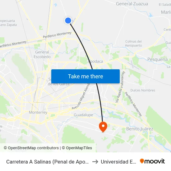Carretera A Salinas (Penal de Apodaca) to Universidad Edec map