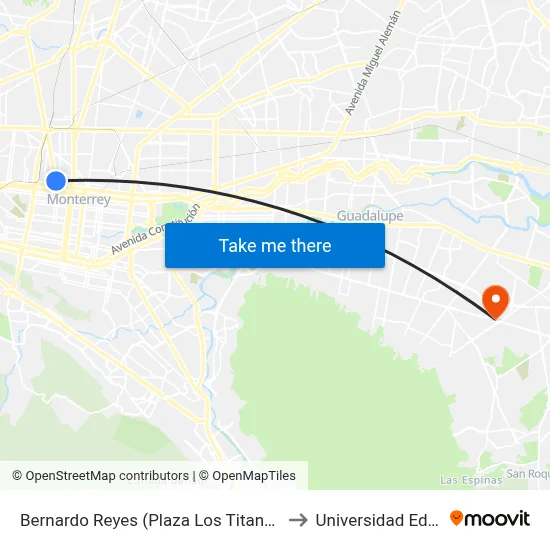 Bernardo Reyes (Plaza Los Titanes) to Universidad Edec map