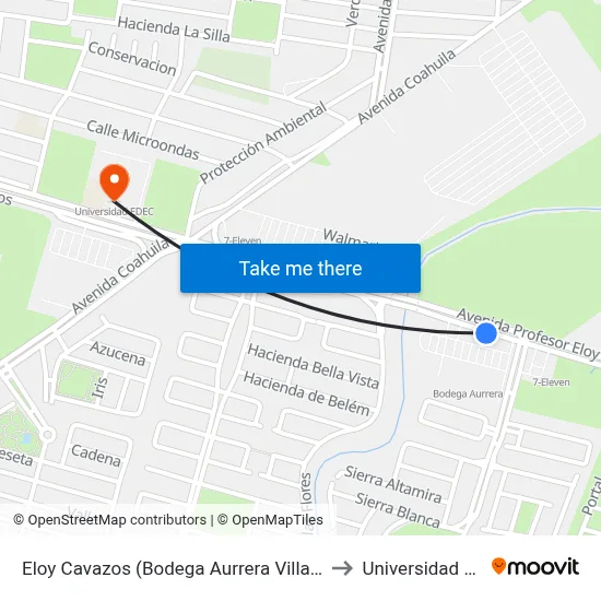 Eloy Cavazos (Bodega Aurrera Villa Juarez) to Universidad Edec map