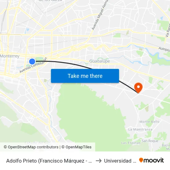 Adolfo Prieto (Francisco Márquez - Fundidora) to Universidad Edec map