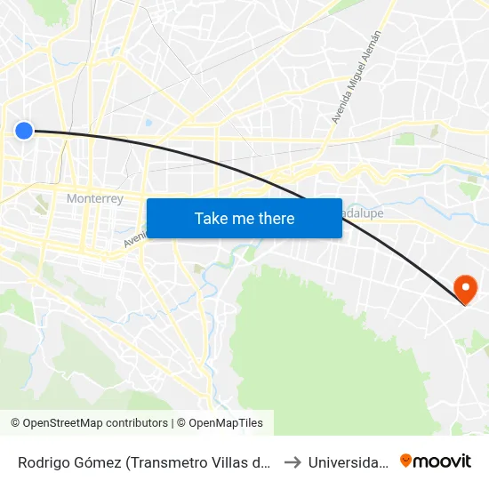 Rodrigo Gómez (Transmetro Villas de San Francisco) to Universidad Edec map