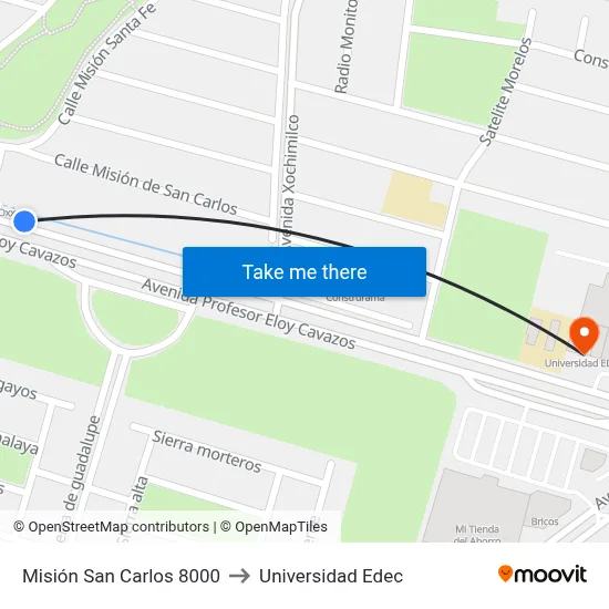 Misión San Carlos 8000 to Universidad Edec map