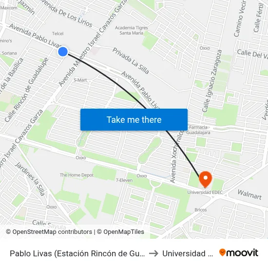 Pablo Livas (Estación Rincón de Guadalupe) to Universidad Edec map