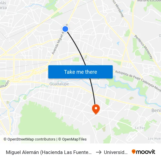 Miguel Alemán (Hacienda Las Fuentes - Ignacio Sepúlveda) to Universidad Edec map