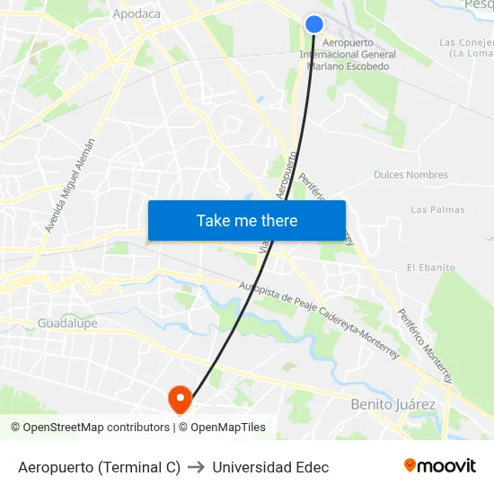 Aeropuerto (Terminal C) to Universidad Edec map