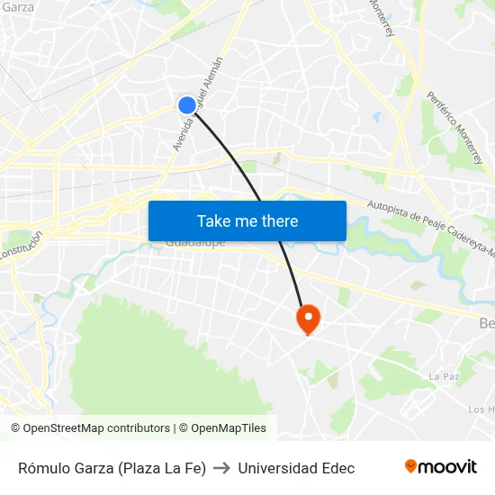 Rómulo Garza (Plaza La Fe) to Universidad Edec map