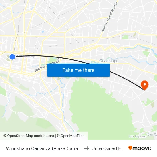 Venustiano Carranza (Plaza Carranza) to Universidad Edec map