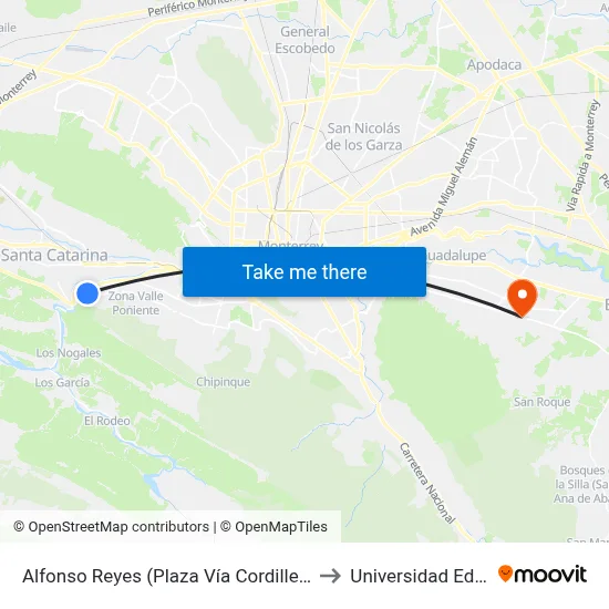 Alfonso Reyes (Plaza Vía Cordillera) to Universidad Edec map
