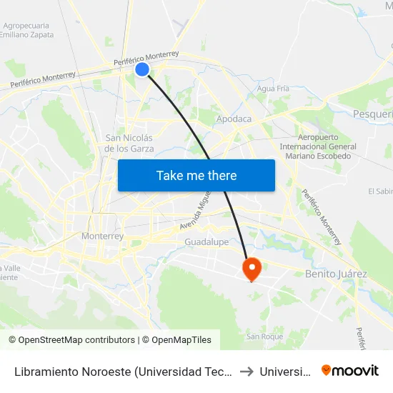 Libramiento Noroeste (Universidad Tecnológica Mariano Escobedo) to Universidad Edec map