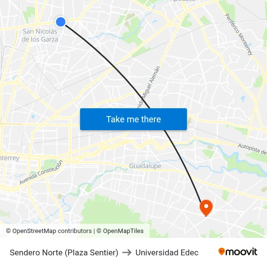 Sendero Norte (Plaza Sentier) to Universidad Edec map