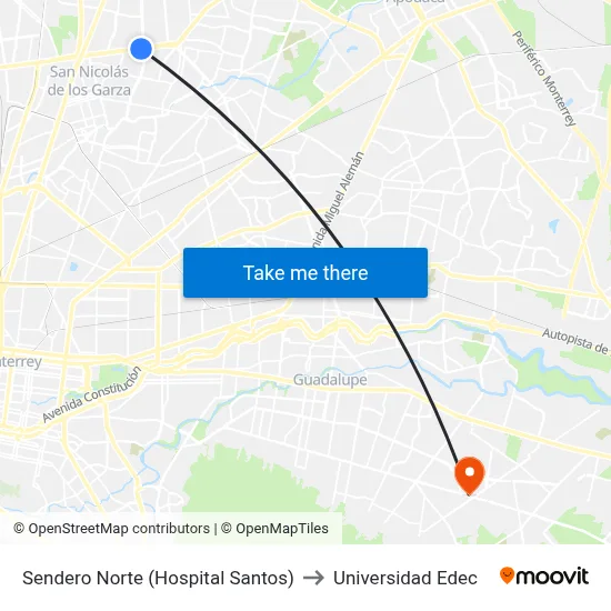 Sendero Norte (Hospital Santos) to Universidad Edec map