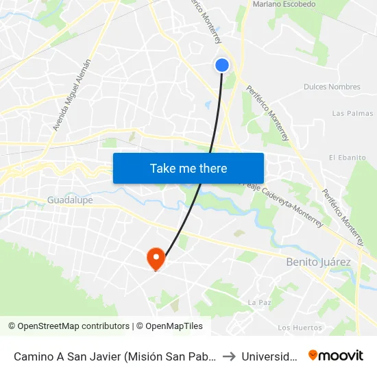 Camino A San Javier (Misión San Pablo - Portal Del Valle) to Universidad Edec map