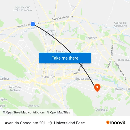Avenida Chocolate 201 to Universidad Edec map