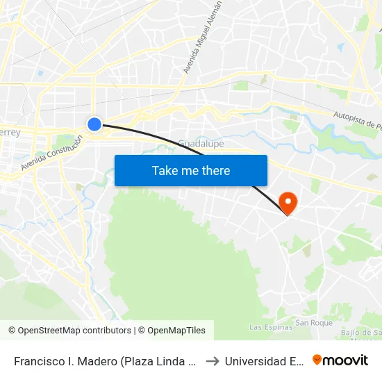 Francisco I. Madero (Plaza Linda Vista) to Universidad Edec map