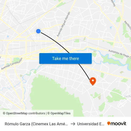 Rómulo Garza (Cinemex Las Américas) to Universidad Edec map