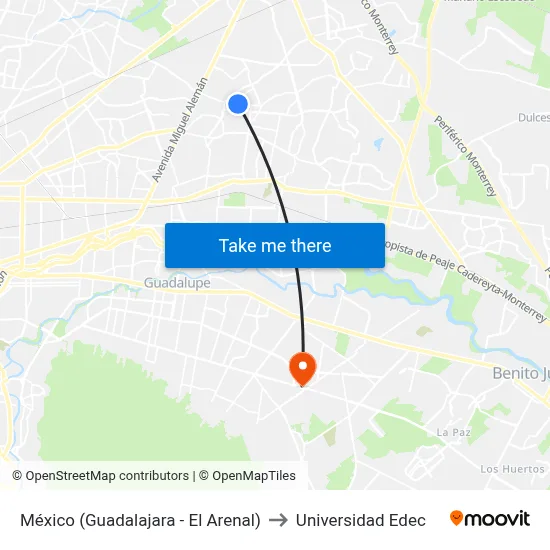 México (Guadalajara - El Arenal) to Universidad Edec map
