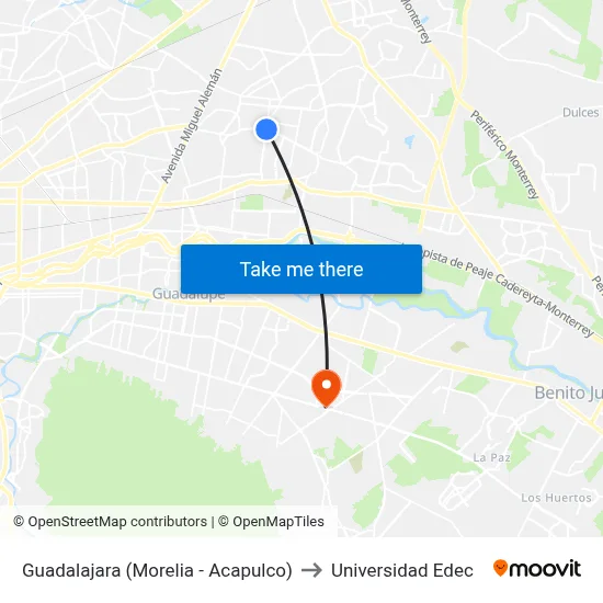 Guadalajara (Morelia - Acapulco) to Universidad Edec map