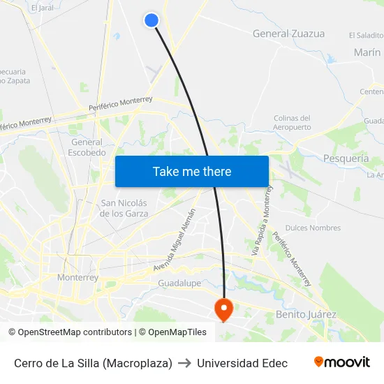 Cerro de La Silla (Macroplaza) to Universidad Edec map