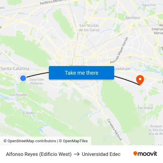Alfonso Reyes (Edificio West) to Universidad Edec map