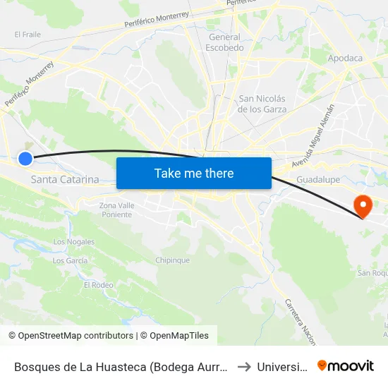 Bosques de La Huasteca (Bodega Aurrerá Hacienda de La Huasteca) to Universidad Edec map