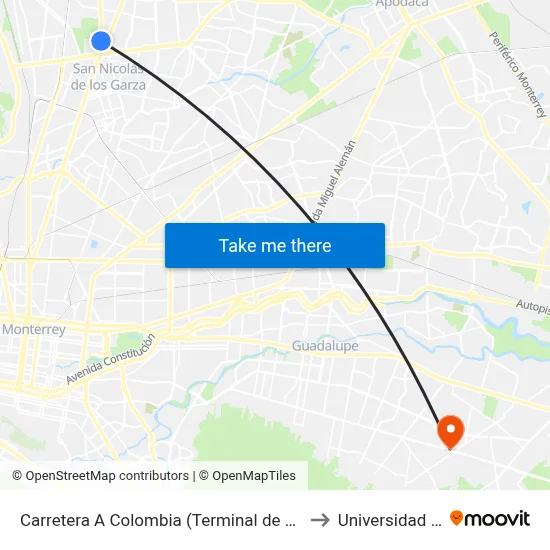 Carretera A Colombia (Terminal de Greyhound) to Universidad Edec map