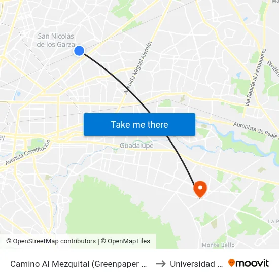Camino Al Mezquital (Greenpaper Monterrey) to Universidad Edec map