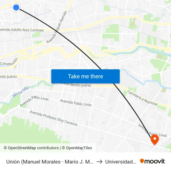 Unión (Manuel Morales - Mario J. Montemayor) to Universidad Edec map
