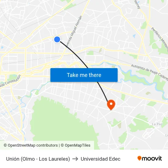 Unión (Olmo - Los Laureles) to Universidad Edec map