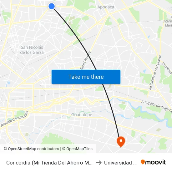 Concordia (Mi Tienda Del Ahorro Metroplex) to Universidad Edec map