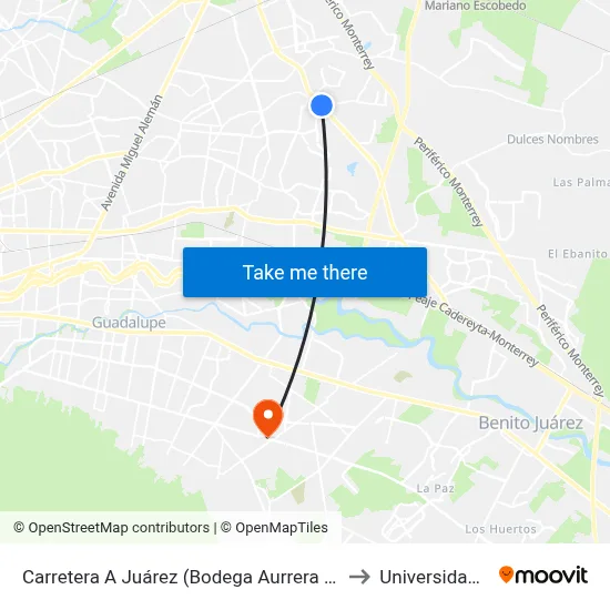 Carretera A Juárez (Bodega Aurrera Apodaca Sur) to Universidad Edec map