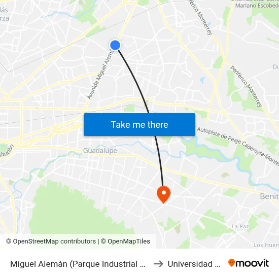 Miguel Alemán (Parque Industrial Omolap) to Universidad Edec map