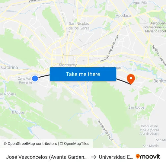 José Vasconcelos (Avanta Gardens Mall) to Universidad Edec map