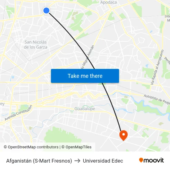 Afganistán (S-Mart Fresnos) to Universidad Edec map