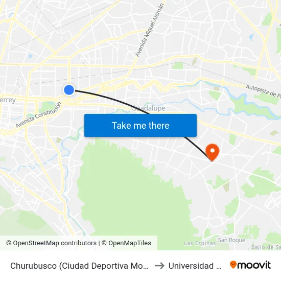 Churubusco (Ciudad Deportiva Monterrey) to Universidad Edec map