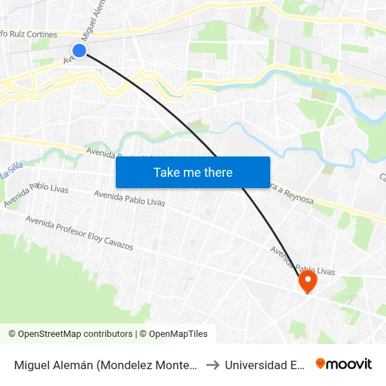 Miguel Alemán (Mondelez Monterrey) to Universidad Edec map