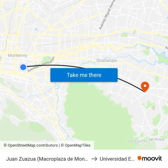 Juan Zuazua (Macroplaza de Monterrey) to Universidad Edec map