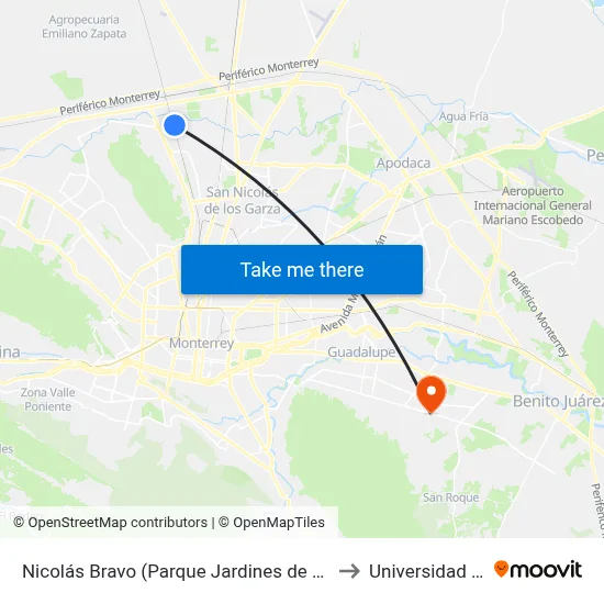 Nicolás Bravo (Parque Jardines de Escobedo) to Universidad Edec map