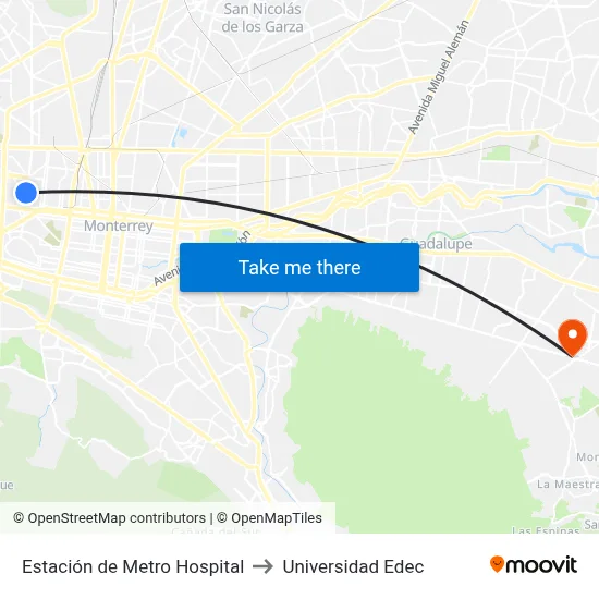 Estación de Metro Hospital to Universidad Edec map