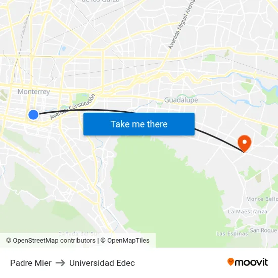 Padre Mier to Universidad Edec map