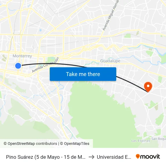 Pino Suárez (5 de Mayo - 15 de Mayo) to Universidad Edec map