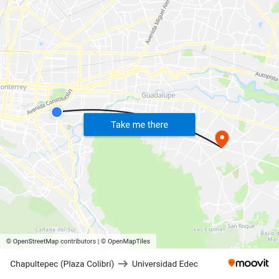 Chapultepec (Plaza Colibrí) to Universidad Edec map