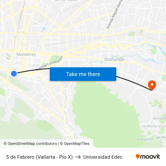 5 de Febrero (Vallarta - Pío X) to Universidad Edec map