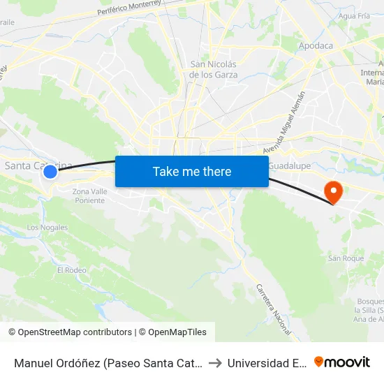 Manuel Ordóñez (Paseo Santa Catarina) to Universidad Edec map