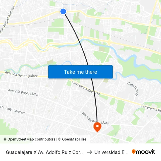 Guadalajara X Av. Adolfo Ruiz Cortínes to Universidad Edec map