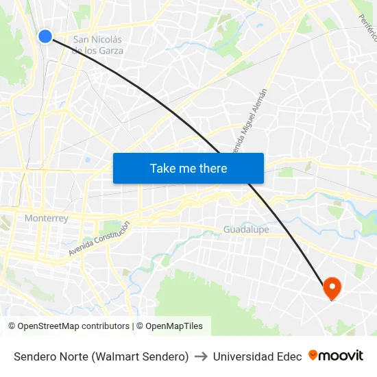 Sendero Norte (Walmart Sendero) to Universidad Edec map