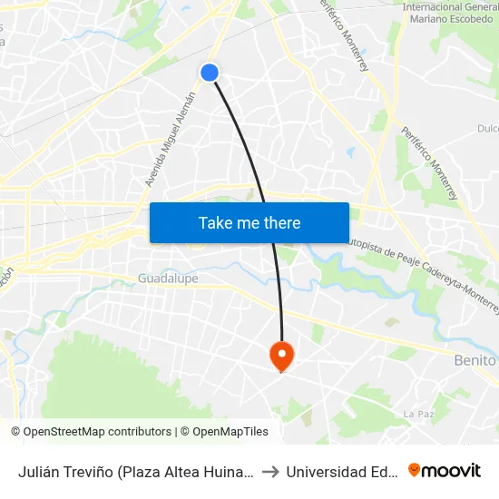 Julián Treviño (Plaza Altea Huinalá) to Universidad Edec map