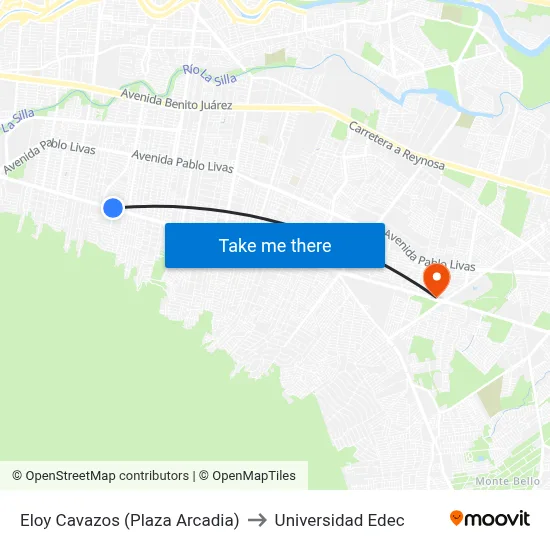 Eloy Cavazos (Plaza Arcadia) to Universidad Edec map