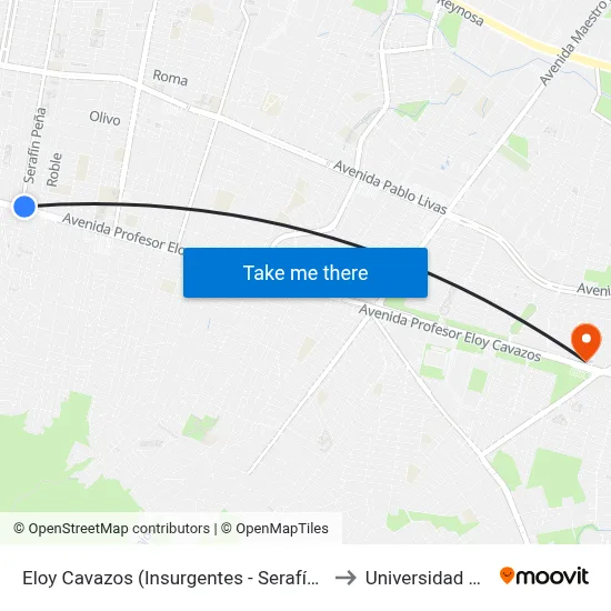 Eloy Cavazos (Insurgentes - Serafín Peña) to Universidad Edec map
