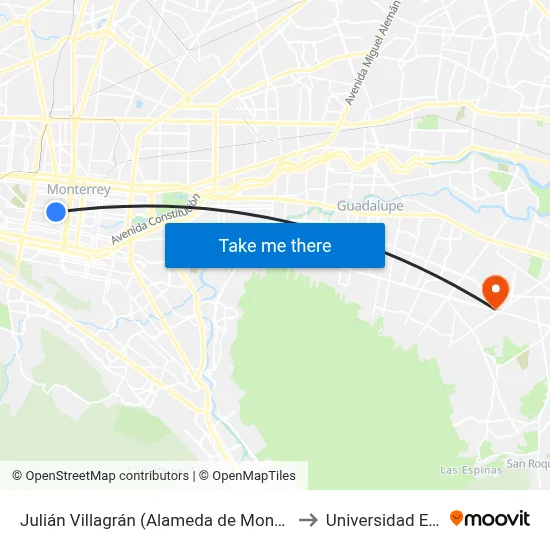 Julián Villagrán (Alameda de Monterrey) to Universidad Edec map